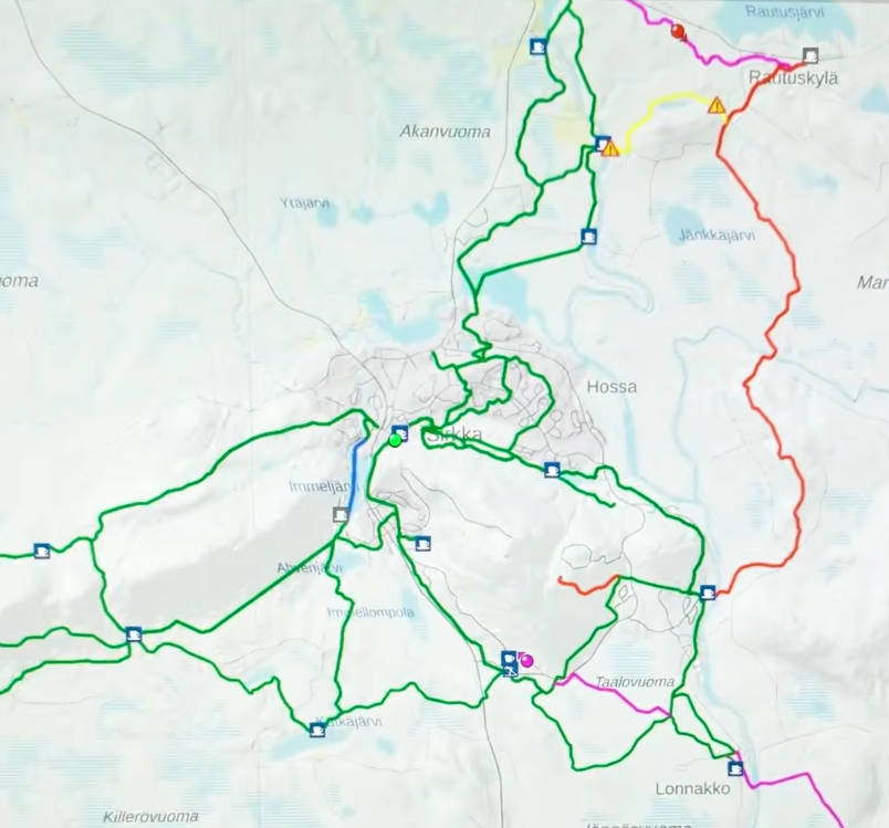 Mappa con i percorsi per piste da sci di fondo a Levi, lapponia.