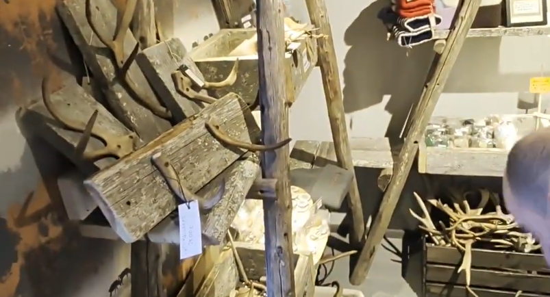 Stefano Mini osserva un espositore rustico con decorazioni a forma di corna e oggetti artigianali in un negozio.