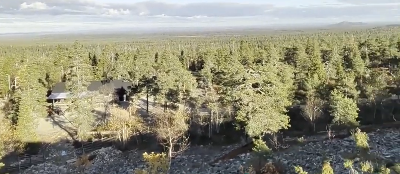 Vista aerea di una casa isolata immersa in una fitta foresta di pini, con un vasto paesaggio boscoso sotto un cielo nuvoloso.