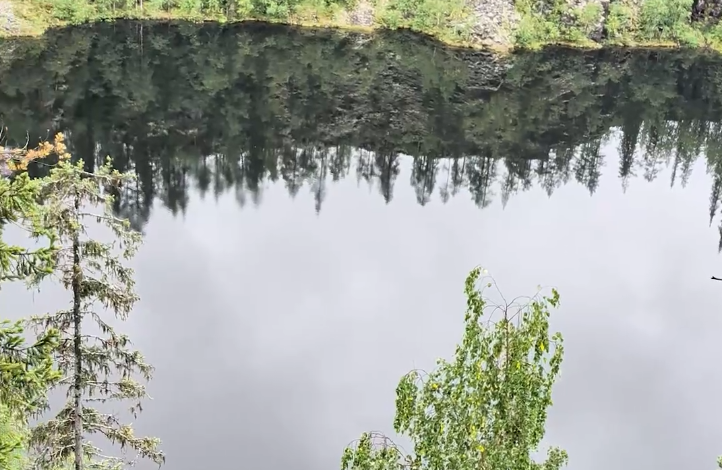 Lago tranquillo con riflessi di alberi e cielo nuvoloso, circondato da vegetazione lussureggiante.