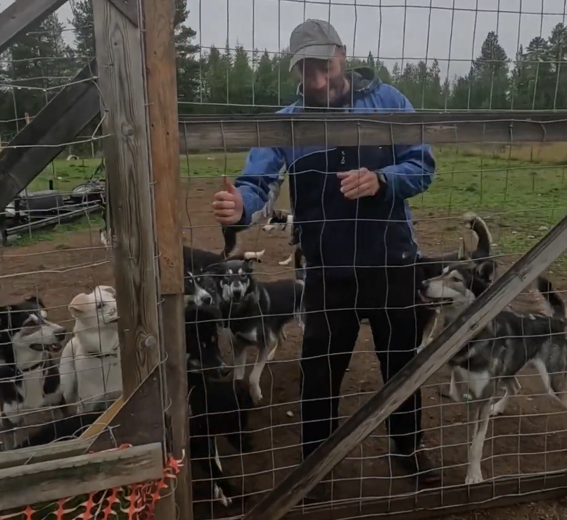 Stefano Mini che sta per aprire un cancello metallico circondato da husky.