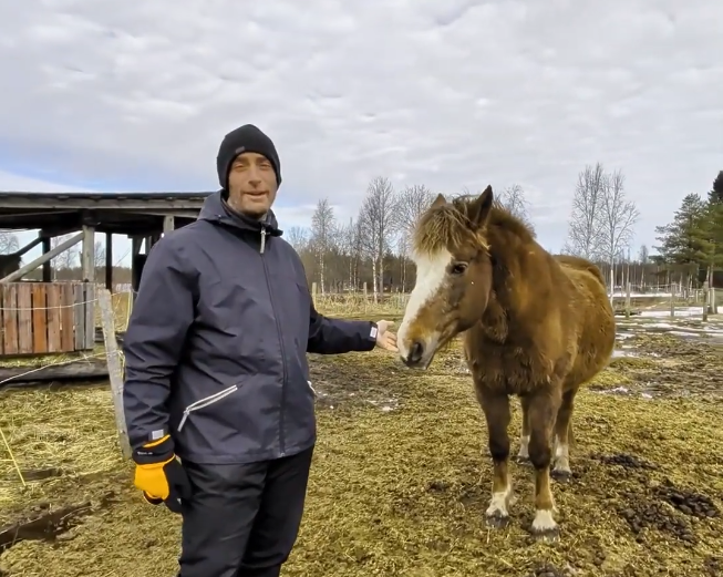 Stefano Mini accarezza un cavallo marrone con una macchia bianca sul muso in un campo all'aperto.