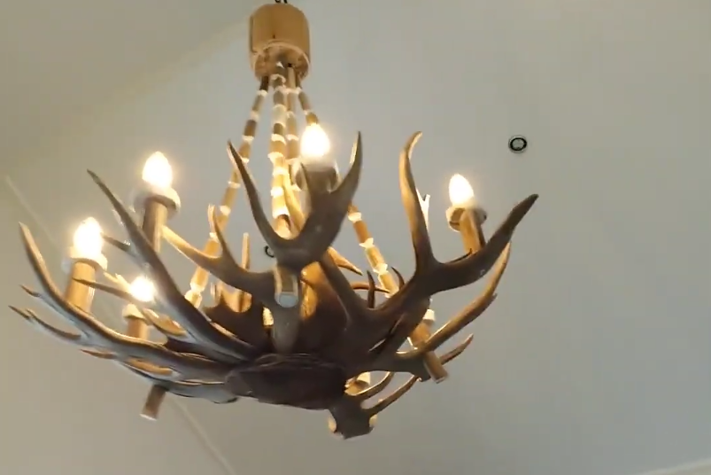 Lampadario rustico in corna di cervo con luci accese, appeso a un soffitto bianco. Design unico e naturale.