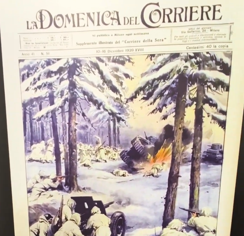 Copertina de La Domenica del Corriere, 10-16 Dicembre 1939, con illustrazione di battaglia invernale, soldati e carri armati.