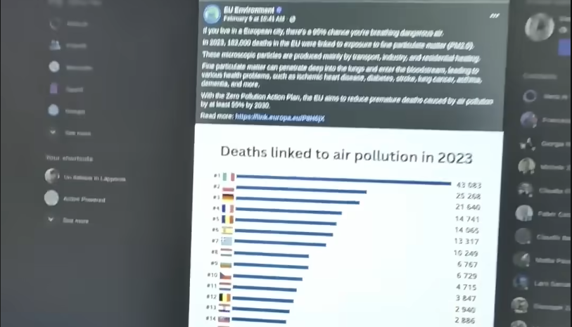 Schermata di un post di EU Environment che mostra un grafico sulle morti legate all'inquinamento atmosferico nell'UE nel 2023