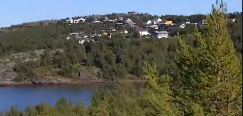 Vista panoramica di un villaggio costiero tra alberi verdi e un lago blu sotto un cielo sereno.