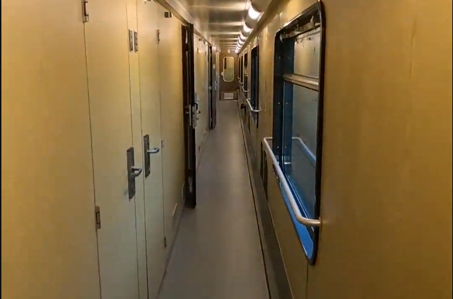 Corridoio vuoto di un treno con porte sulla sinistra e finestrini sulla destra.